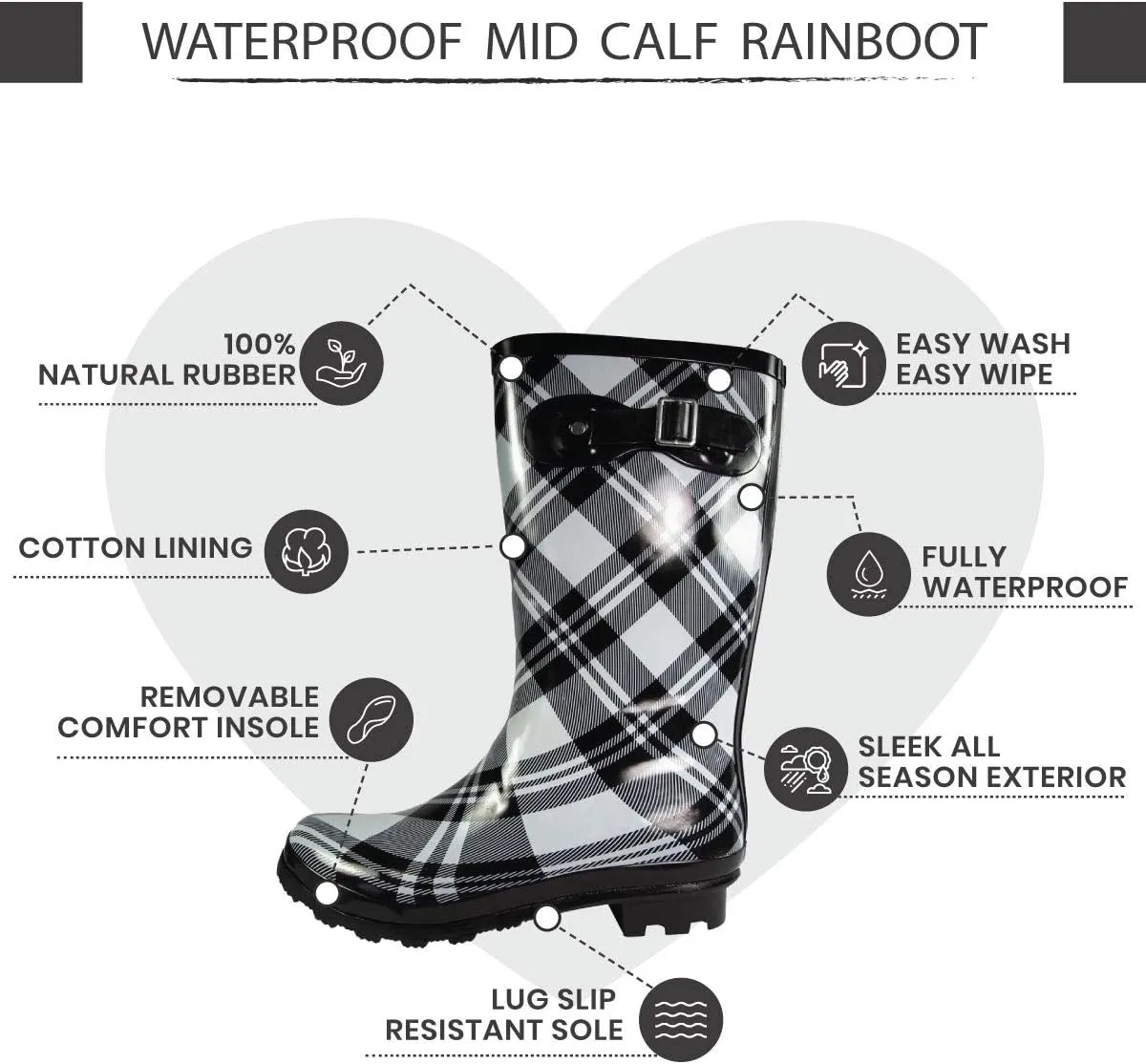 NORTY Women's Hurricane Rain Boots - Mid-Calf Length - Glossy Matte Waterproof Rubber Shoes