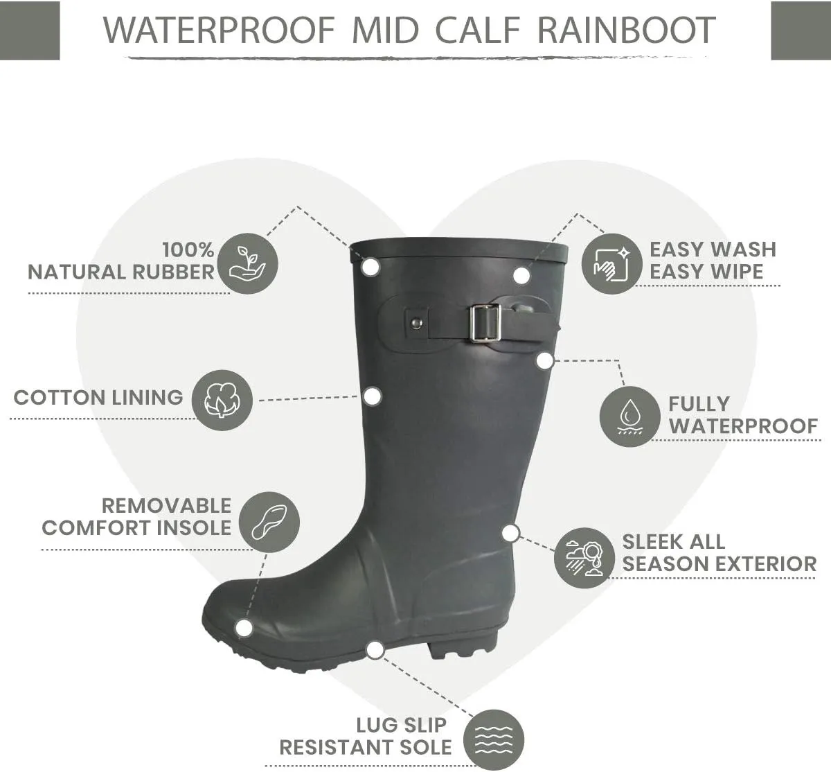 NORTY Women's Hurricane Rain Boots - Mid-Calf Length - Glossy Matte Waterproof Rubber Shoes