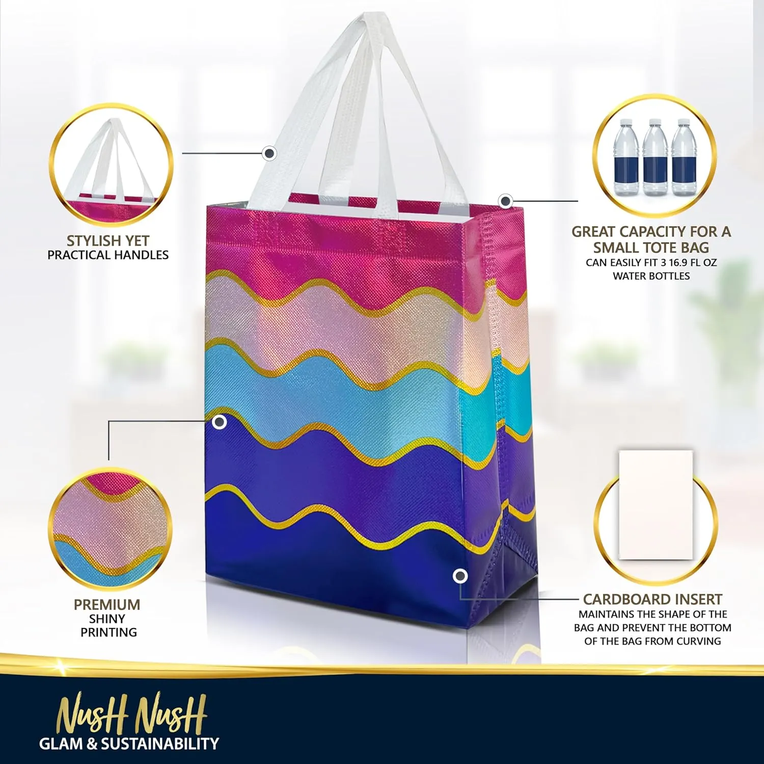 Nush Nush Gradient Gift Bags Medium Size In Bulk – Set of 12 Reusable Gift Bags With Gradient Shiny Wave Pattern - Perfect As Goodie Bags, Birthday Gift Bags, Party Favor Bags - 8x4x10