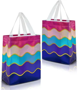 Nush Nush Gradient Gift Bags Medium Size In Bulk – Set of 12 Reusable Gift Bags With Gradient Shiny Wave Pattern - Perfect As Goodie Bags, Birthday Gift Bags, Party Favor Bags - 8x4x10