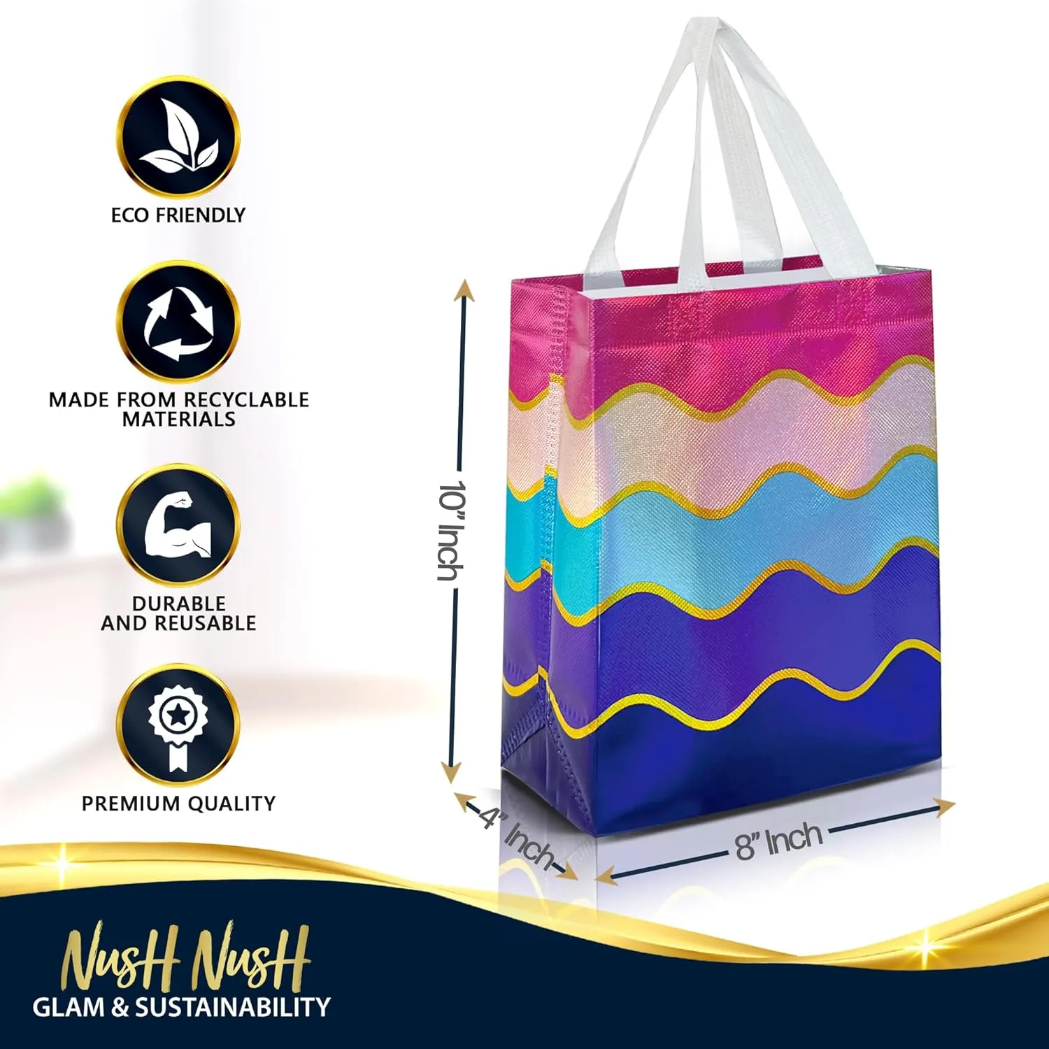 Nush Nush Gradient Gift Bags Medium Size In Bulk – Set of 12 Reusable Gift Bags With Gradient Shiny Wave Pattern - Perfect As Goodie Bags, Birthday Gift Bags, Party Favor Bags - 8x4x10
