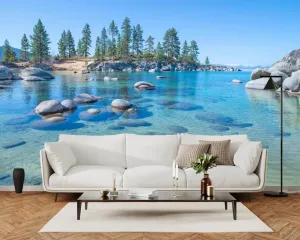Ocean Scenery Wallpaper, Alpine Rocks Large Silk Mural,Removable Sticker for Bedroom Office Living Room Wall Artwork Decor-It's Not Peel and Stick-78.7" W x 55.2" H/200x140cm-Silk