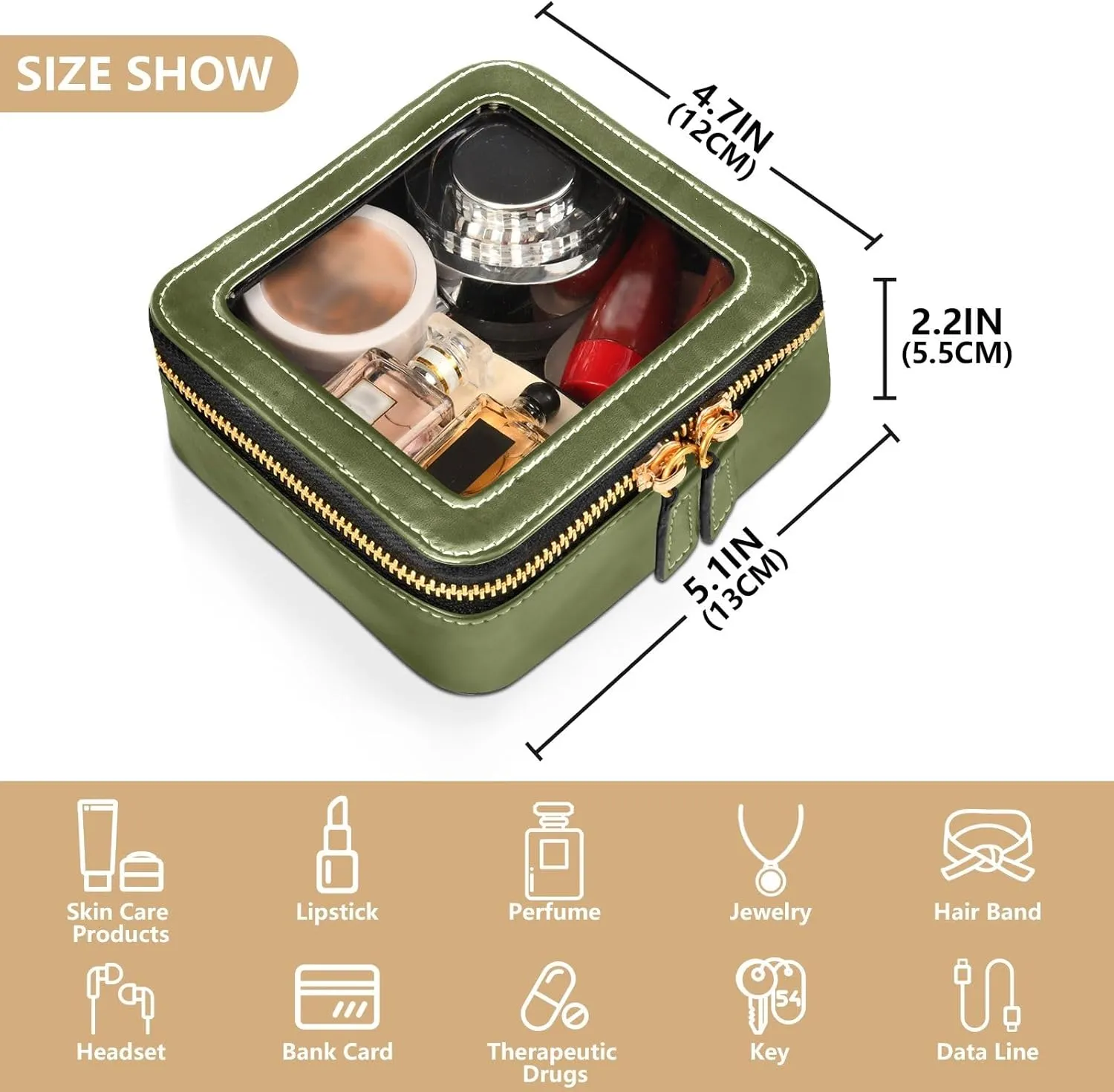 ODAWA Army Green Clear Cosmetic Bags Leather Organizer Bags Travel Essentials for Women Girls