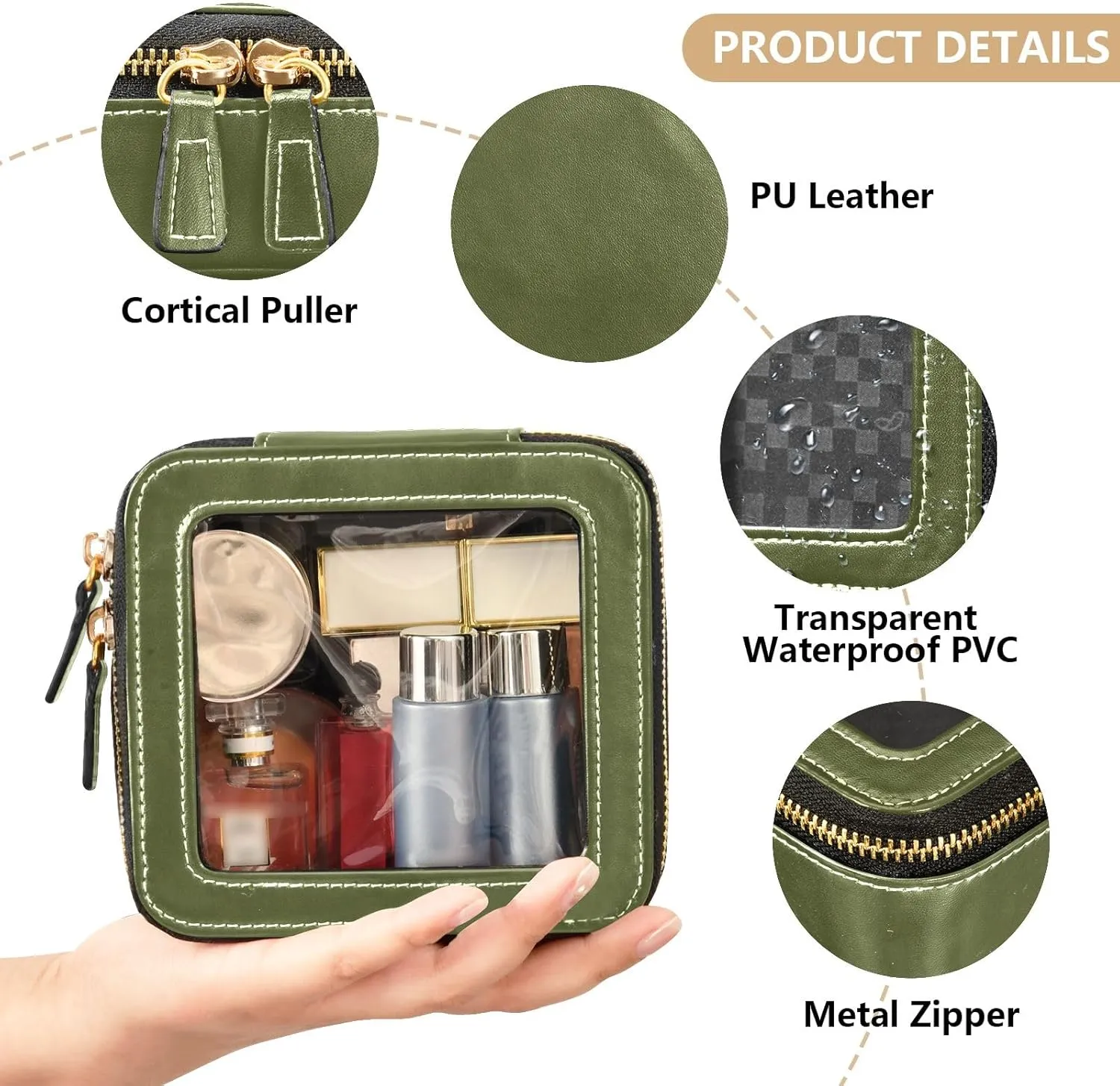 ODAWA Army Green Clear Cosmetic Bags Leather Organizer Bags Travel Essentials for Women Girls
