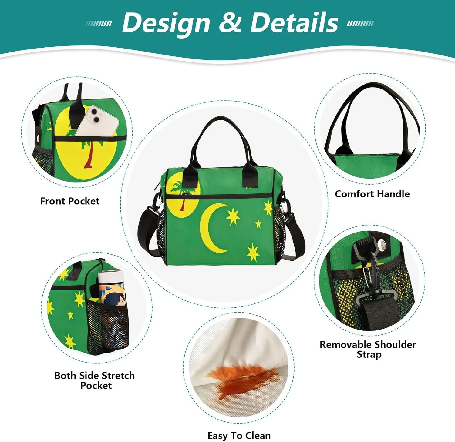 ODAWA Cocos Keeling Islands Flag Tote Lunch Bag with Adjustable Shoulder Strap, Men Lunch Bags for Work Large Lunch Bag