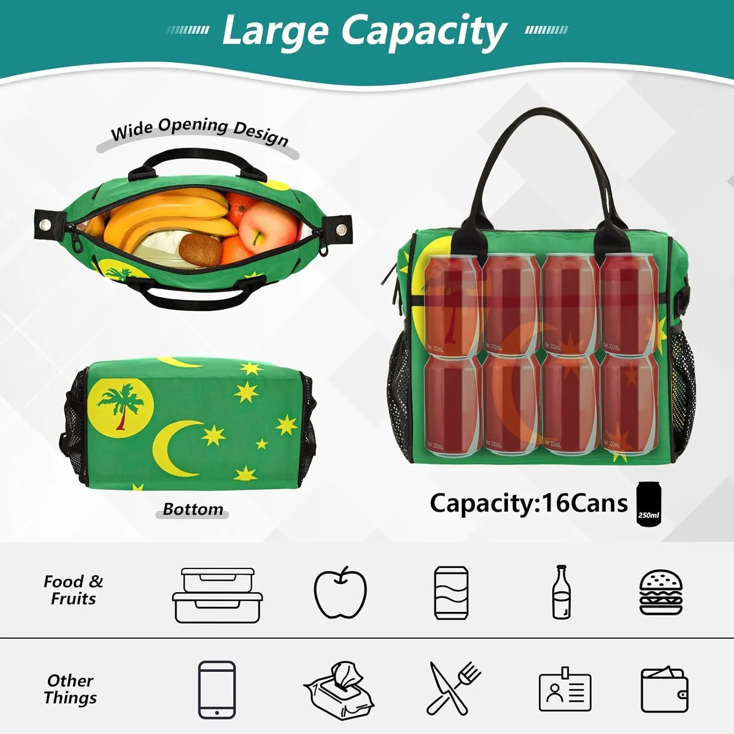 ODAWA Cocos Keeling Islands Flag Tote Lunch Bag with Adjustable Shoulder Strap, Men Lunch Bags for Work Large Lunch Bag