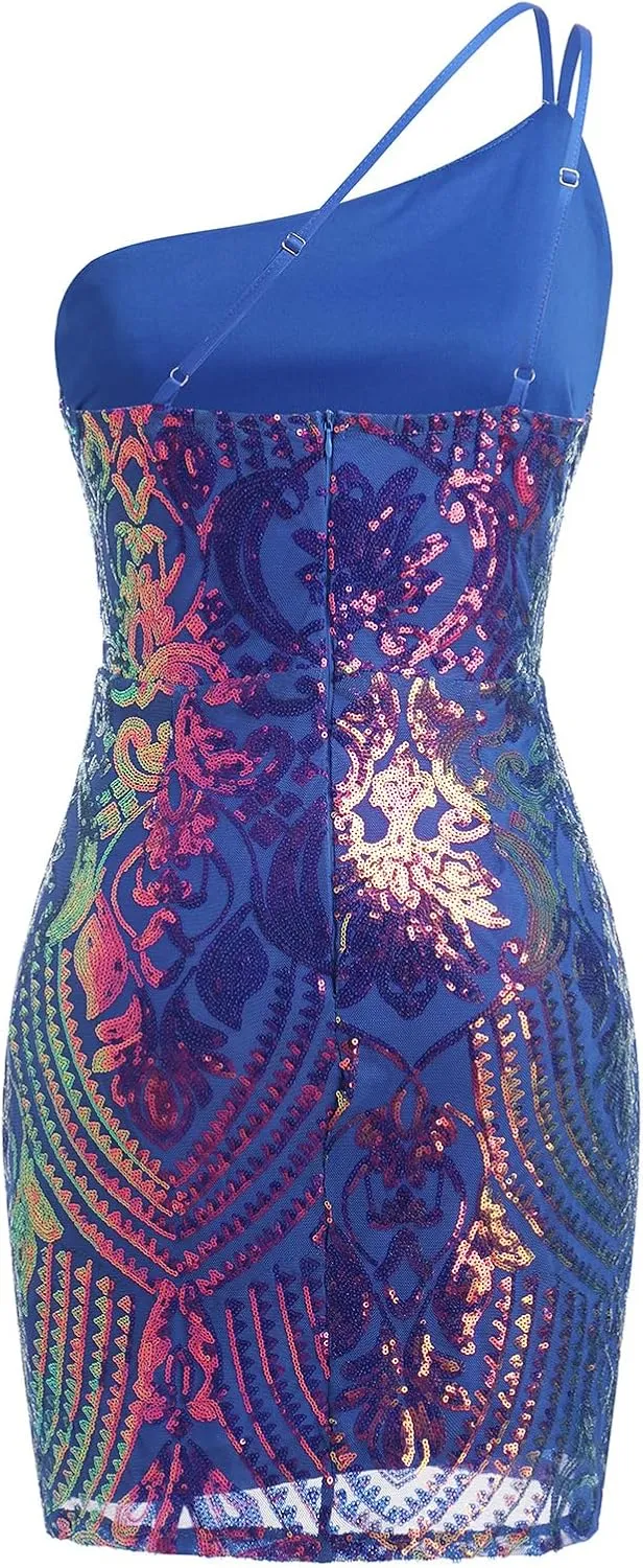 ODIZLI Sequin Dress for Women Short Prom Dresses One Shoulder Evening Party Dress with Slit