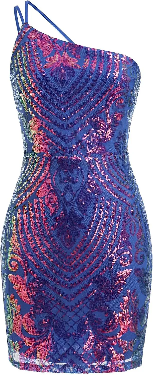 ODIZLI Sequin Dress for Women Short Prom Dresses One Shoulder Evening Party Dress with Slit