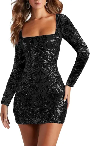 ODIZLI Women's Long Sleeve Sparkly Sequins Bodycon Mini Dress Party Nightclub Dresses Crisscross Straps Tie Back