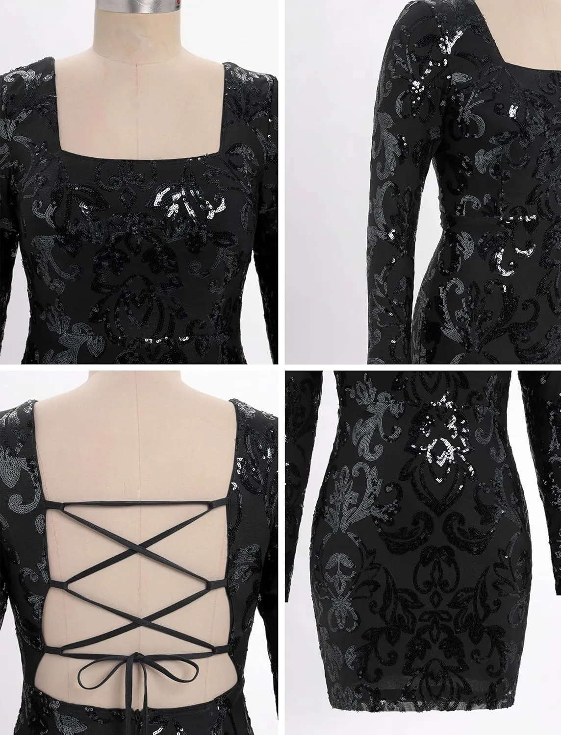 ODIZLI Women's Long Sleeve Sparkly Sequins Bodycon Mini Dress Party Nightclub Dresses Crisscross Straps Tie Back