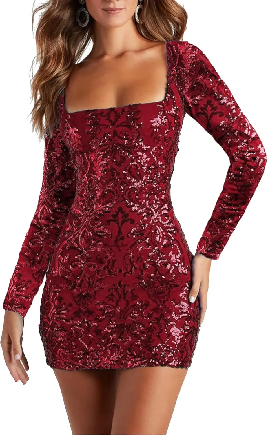 ODIZLI Women's Long Sleeve Sparkly Sequins Bodycon Mini Dress Party Nightclub Dresses Crisscross Straps Tie Back