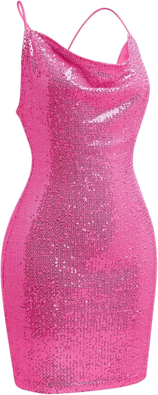 ODIZLI Women's Spaghetti Straps Cowl Neck Sequins Glitters Bodycon Mini Dress Party Nightclub Dress