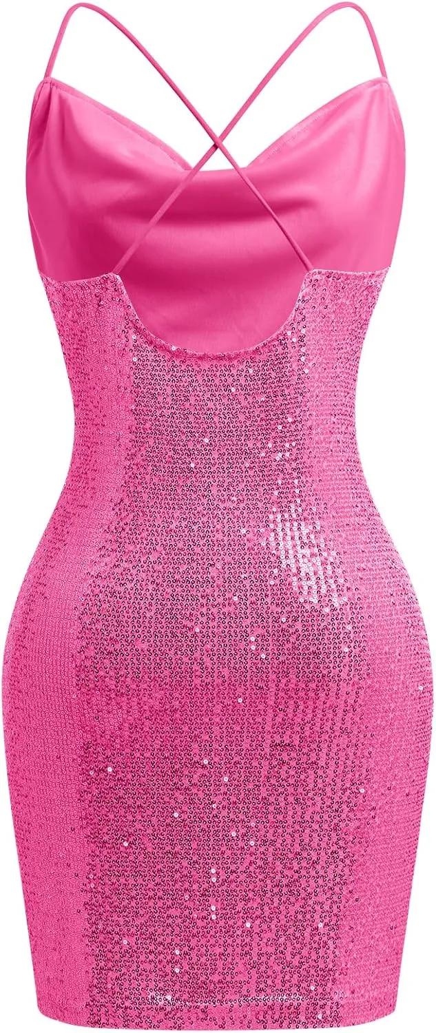 ODIZLI Women's Spaghetti Straps Cowl Neck Sequins Glitters Bodycon Mini Dress Party Nightclub Dress