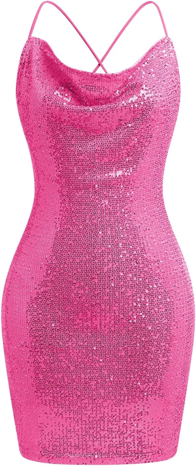 ODIZLI Women's Spaghetti Straps Cowl Neck Sequins Glitters Bodycon Mini Dress Party Nightclub Dress