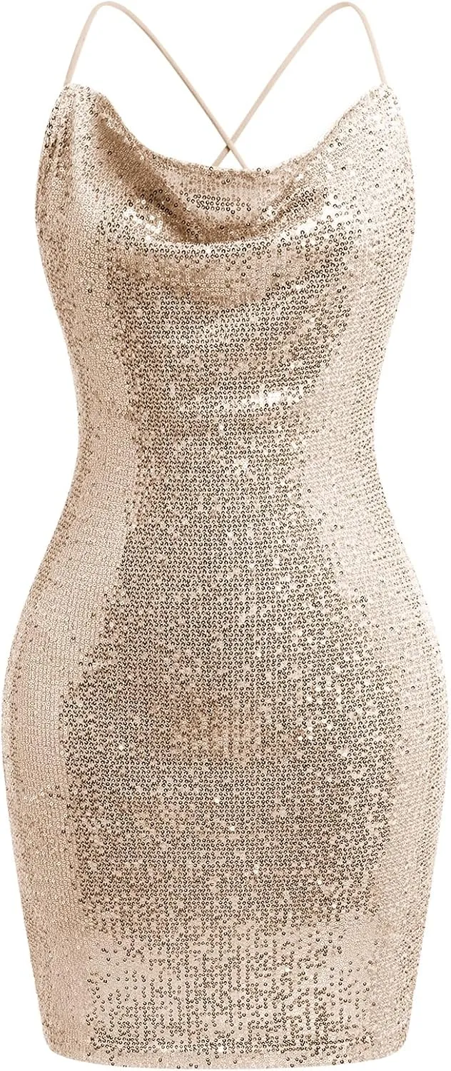ODIZLI Women's Spaghetti Straps Cowl Neck Sequins Glitters Bodycon Mini Dress Party Nightclub Dress