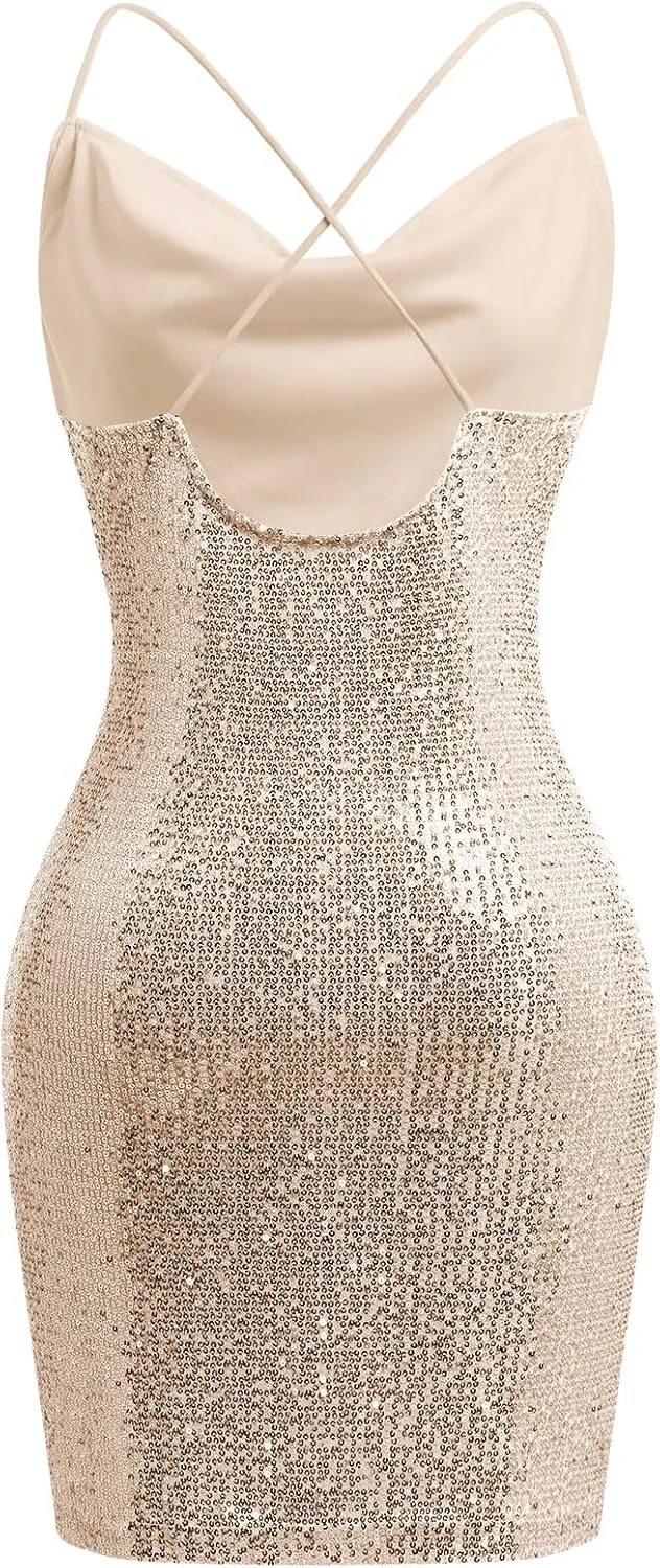 ODIZLI Women's Spaghetti Straps Cowl Neck Sequins Glitters Bodycon Mini Dress Party Nightclub Dress