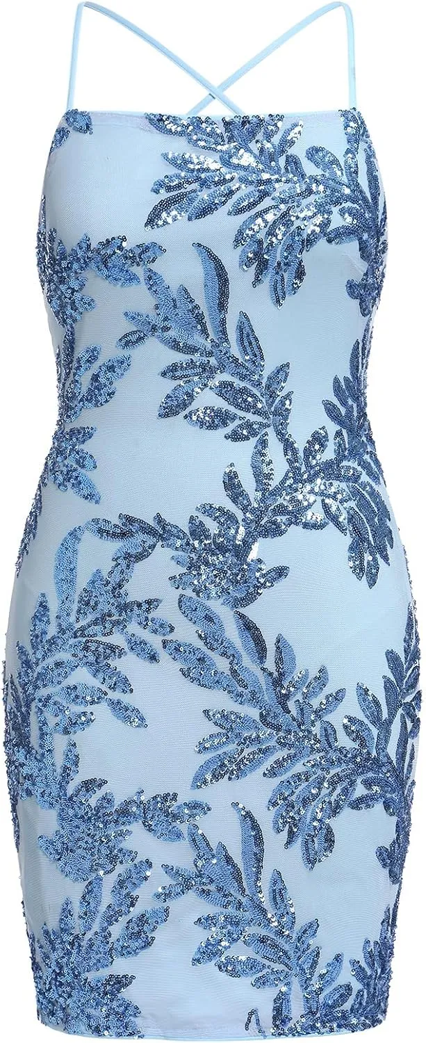ODIZLI Women's Spaghetti Straps Sparkly Sequins Bodycon Mini Dance Homecoming Dress Party Nightclub