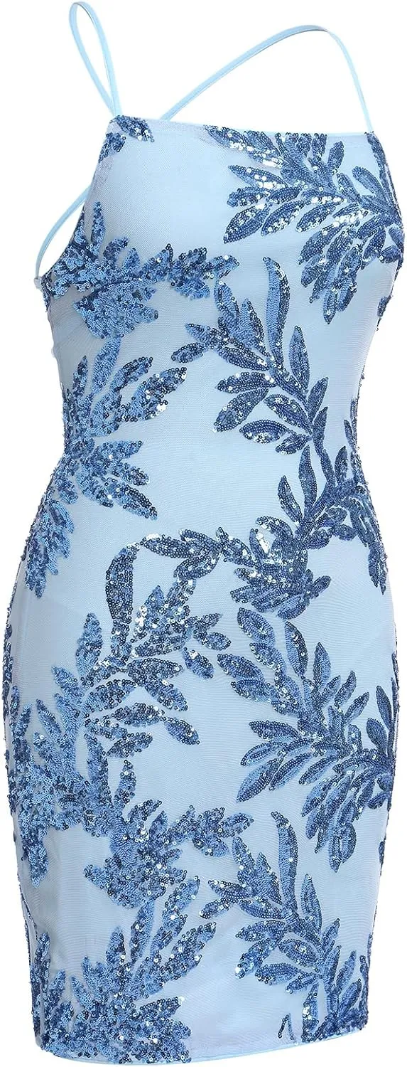 ODIZLI Women's Spaghetti Straps Sparkly Sequins Bodycon Mini Dance Homecoming Dress Party Nightclub