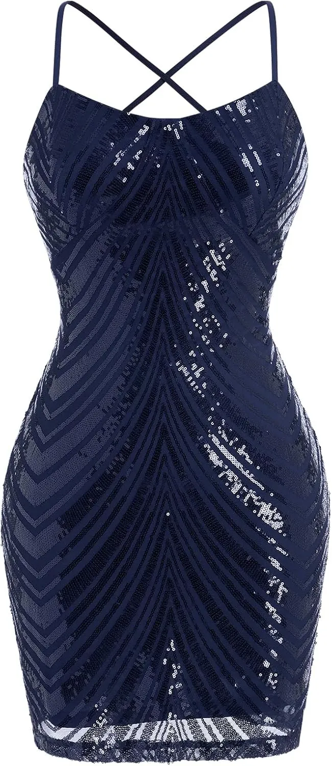 ODIZLI Women's Spaghetti Straps Sparkly Sequins Bodycon Mini Dress Party Nightclub