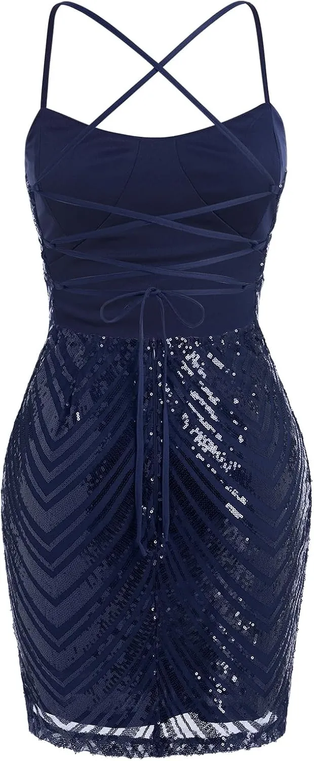 ODIZLI Women's Spaghetti Straps Sparkly Sequins Bodycon Mini Dress Party Nightclub