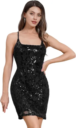 ODIZLI Women's Spaghetti Straps Sparkly Sequins Bodycon Mini Dress Party Nightclub