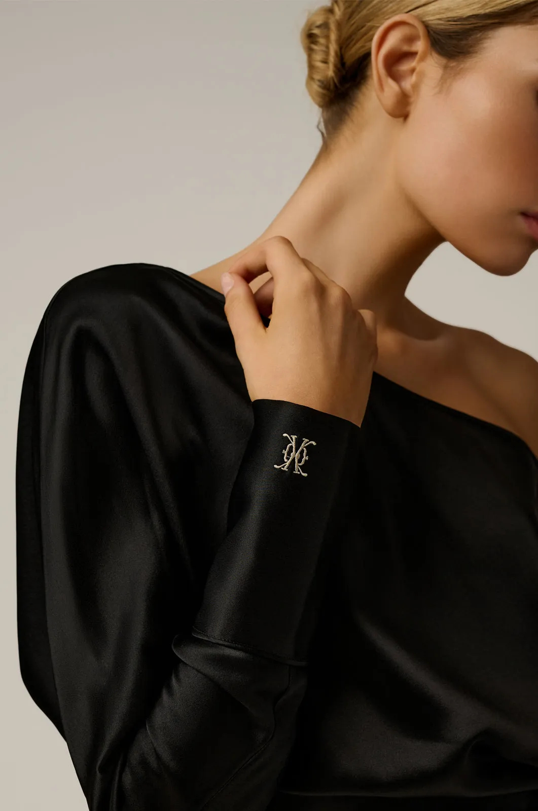 OFF SHOULDER MONOGRAMED SILK TOP