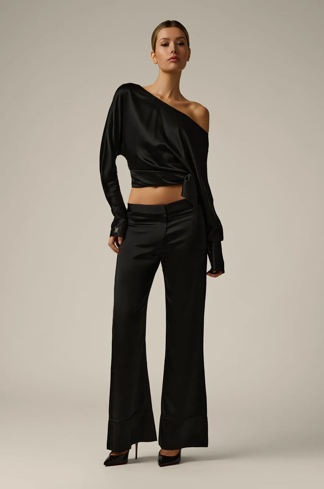 OFF SHOULDER MONOGRAMED SILK TOP