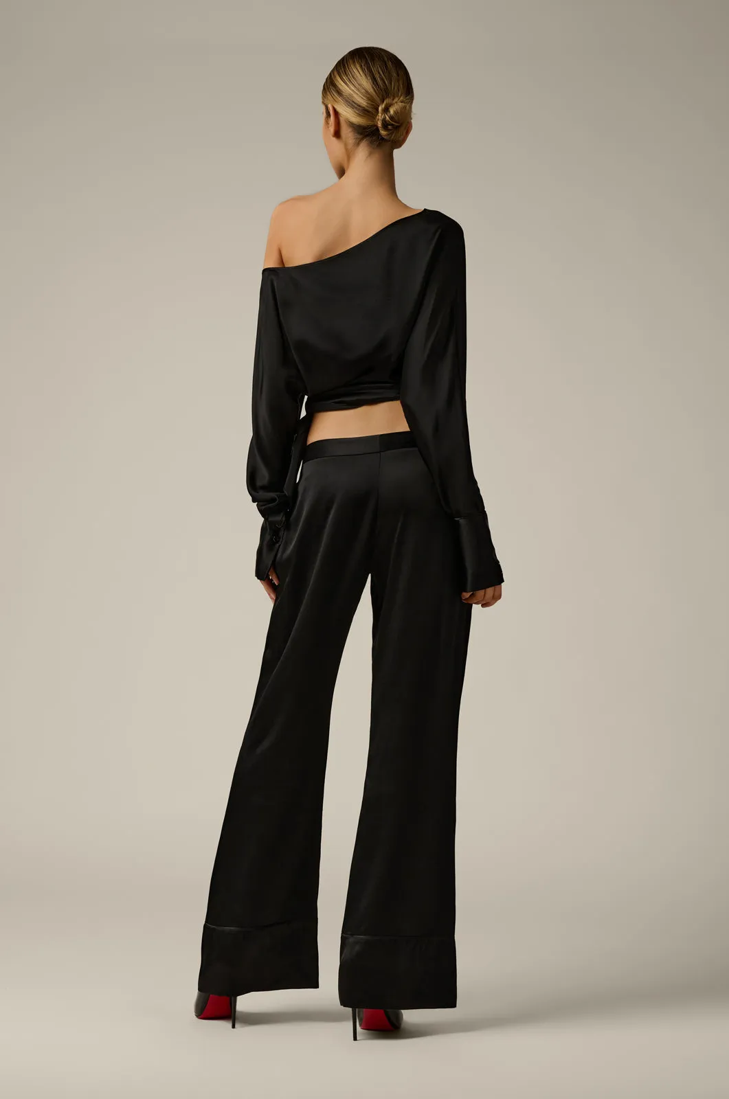 OFF SHOULDER MONOGRAMED SILK TOP