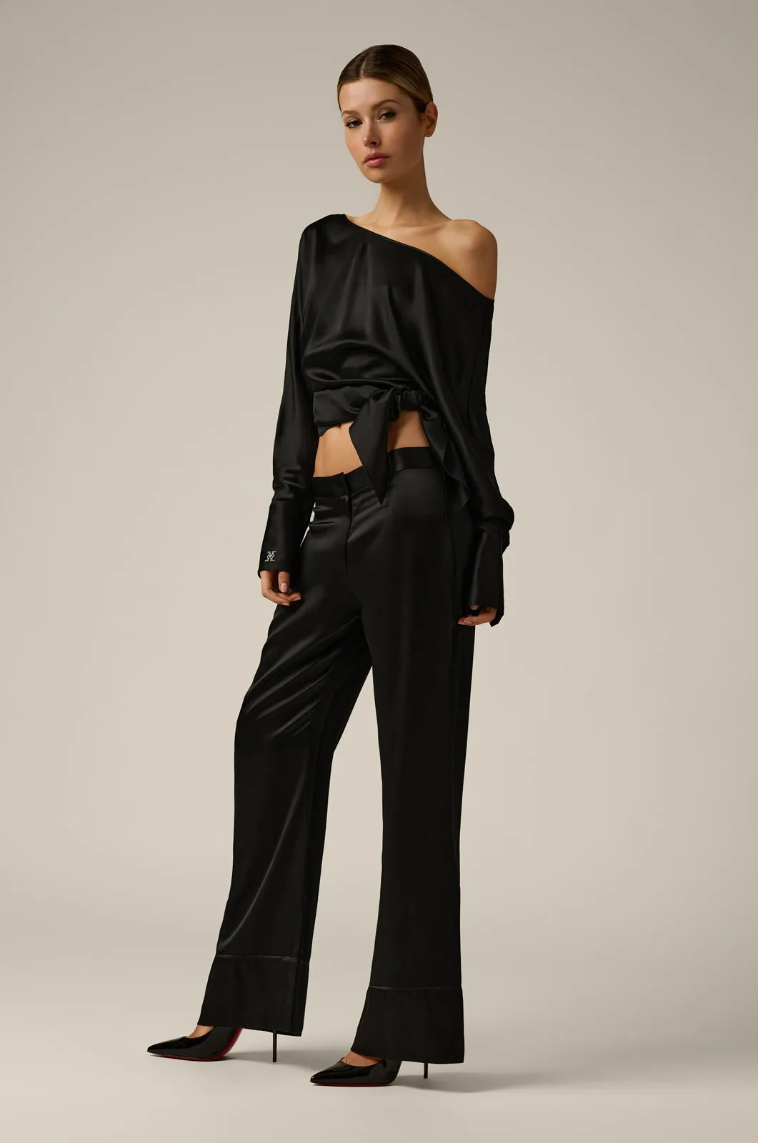 OFF SHOULDER MONOGRAMED SILK TOP