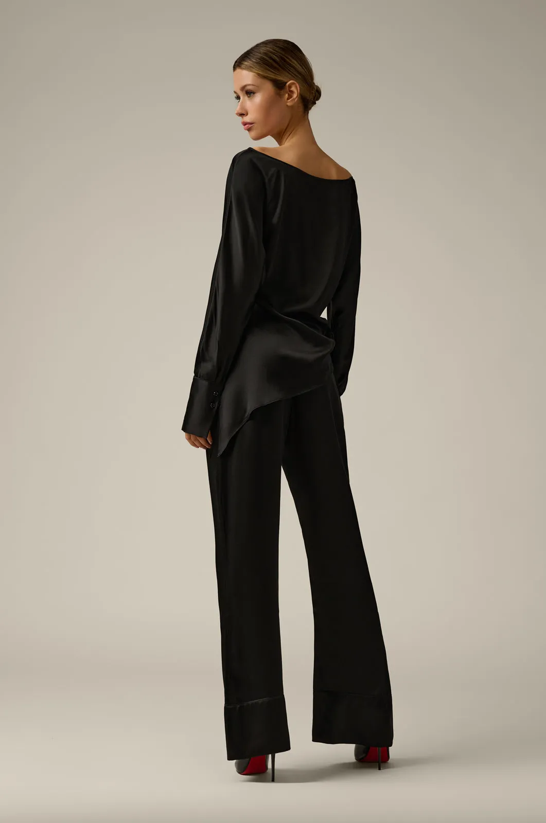 OFF SHOULDER MONOGRAMED SILK TOP