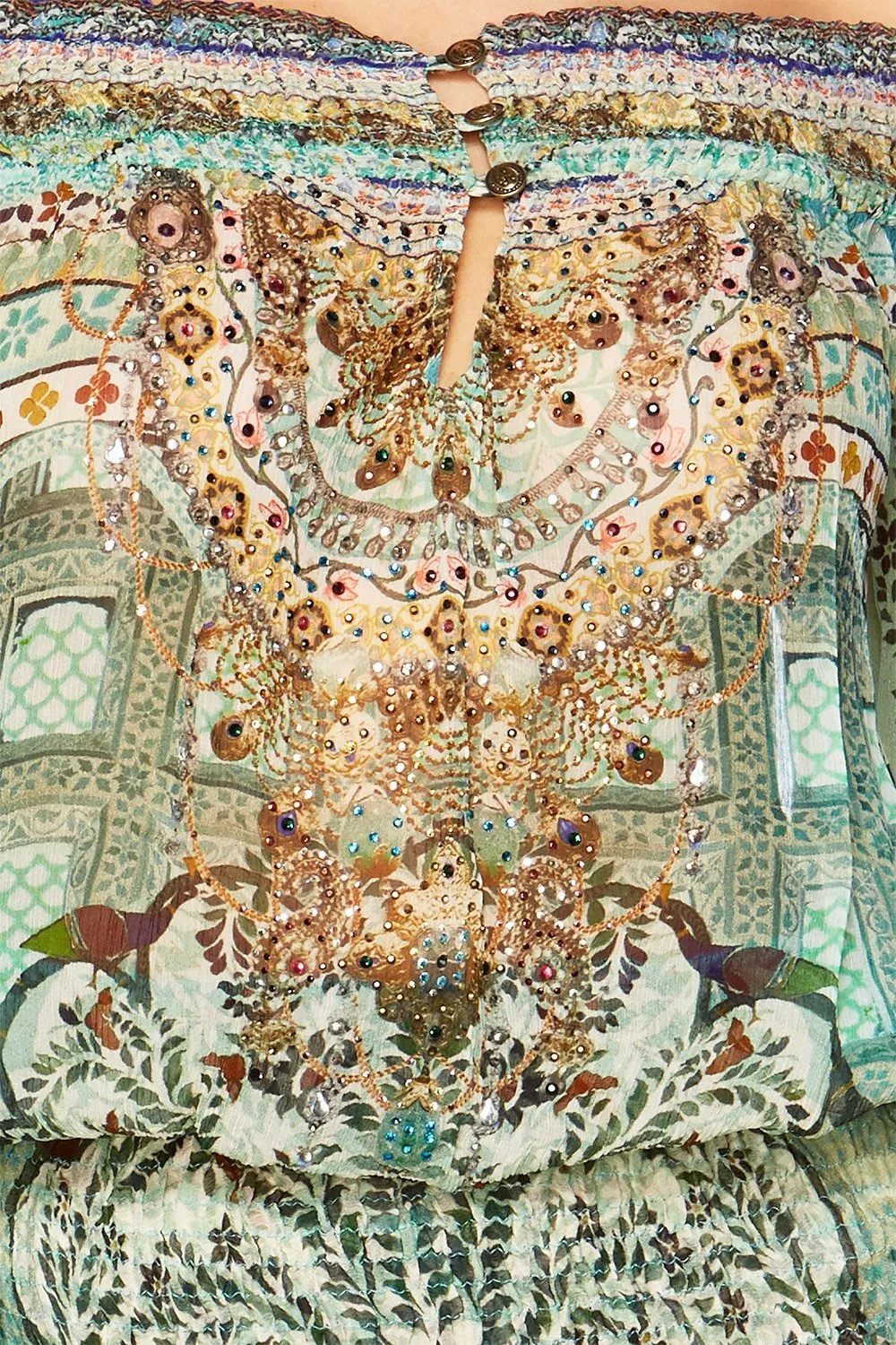 OFF SHOULDER SHIRRED DRESS THE SPIRIT WITHIN