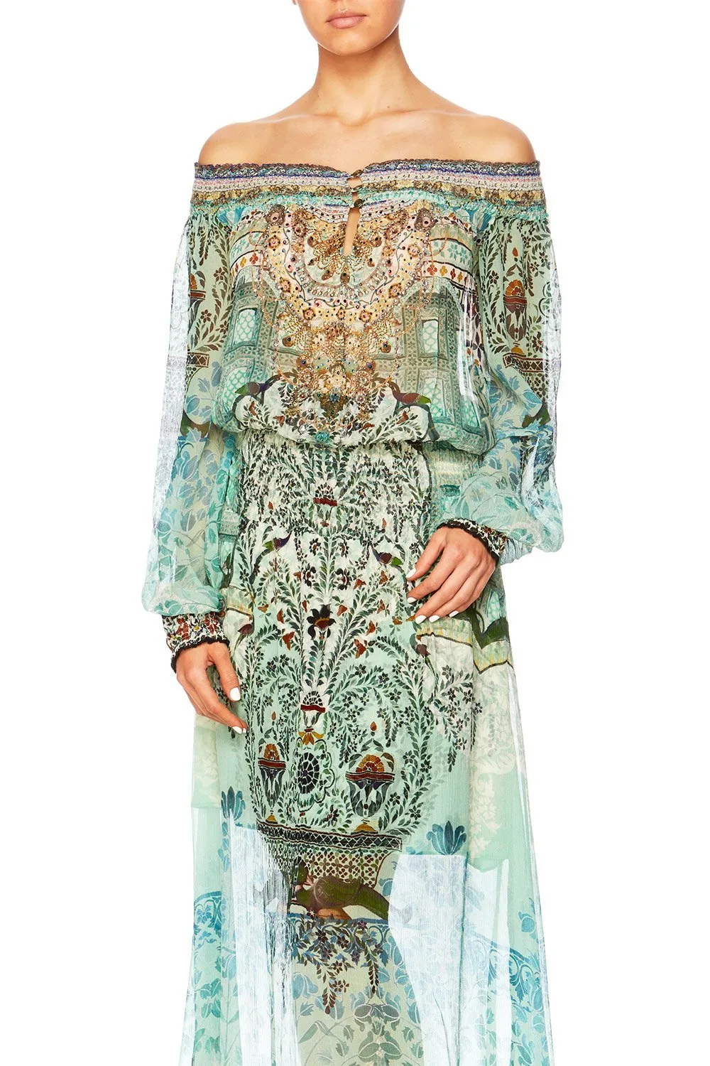 OFF SHOULDER SHIRRED DRESS THE SPIRIT WITHIN