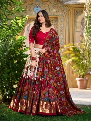 Off White Tussar Silk Kalamkari Printed Lehenga Choli | Ready To Wear