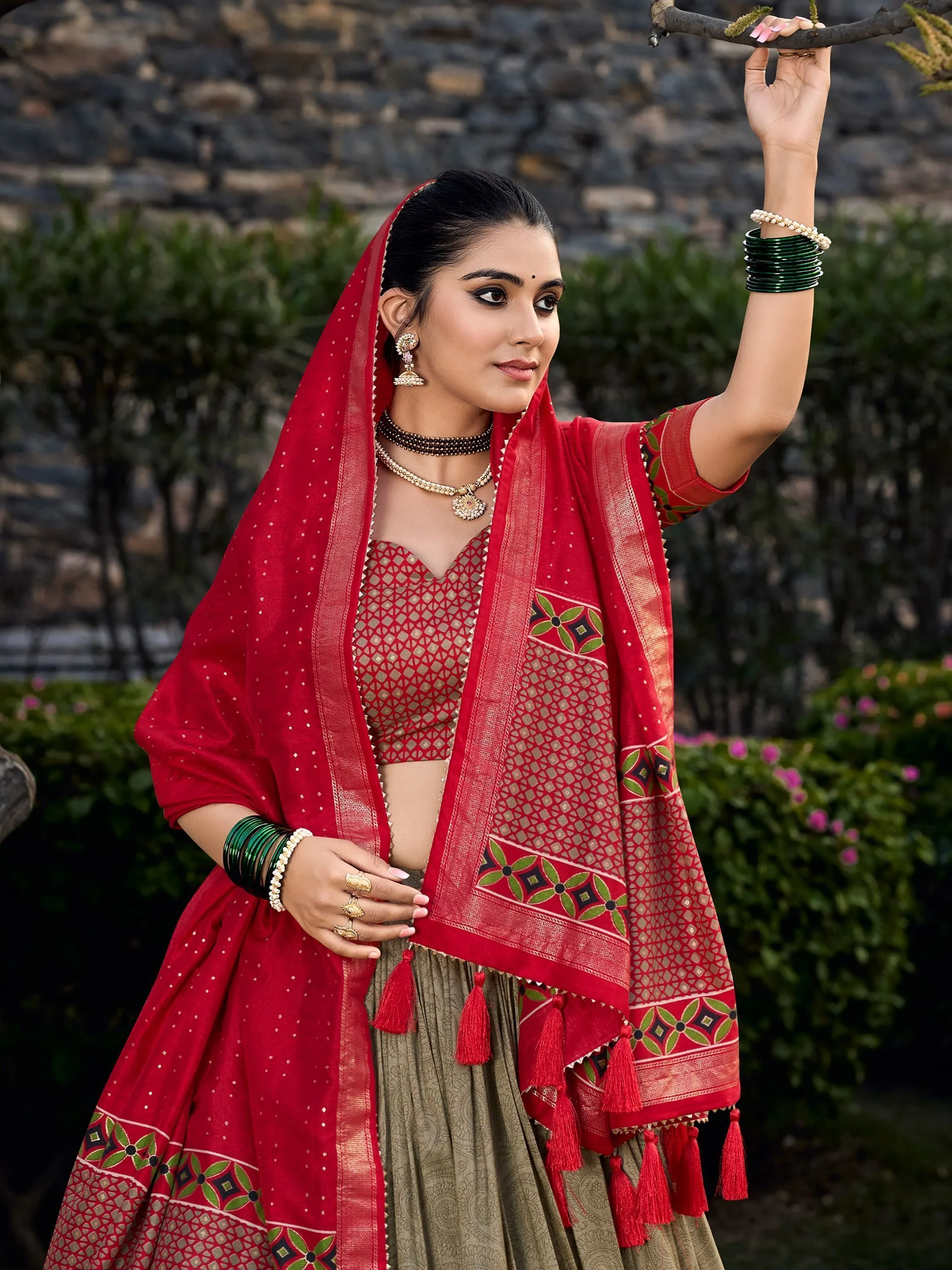 Olive Green Foil & Printed Tussar Silk Lehenga Choli For Garba