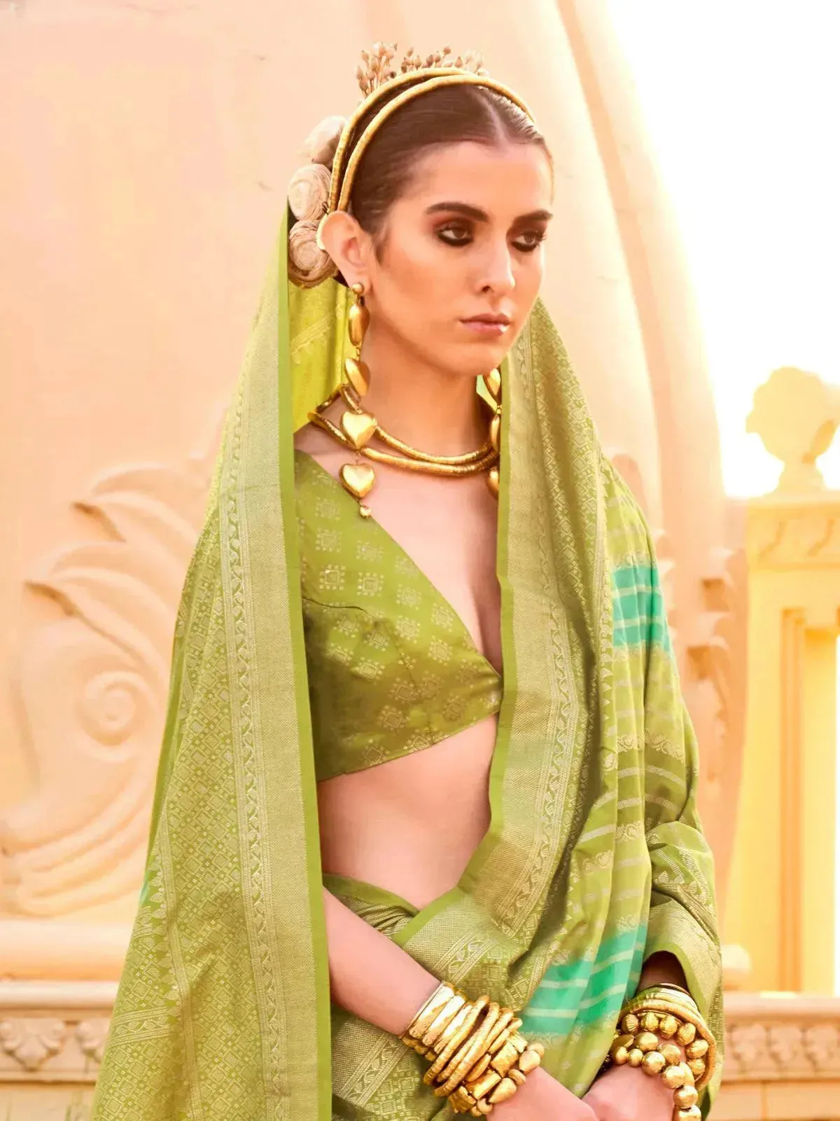 Olive Green Silk Foil Print Saree with Aqua Finish For Any Occasion