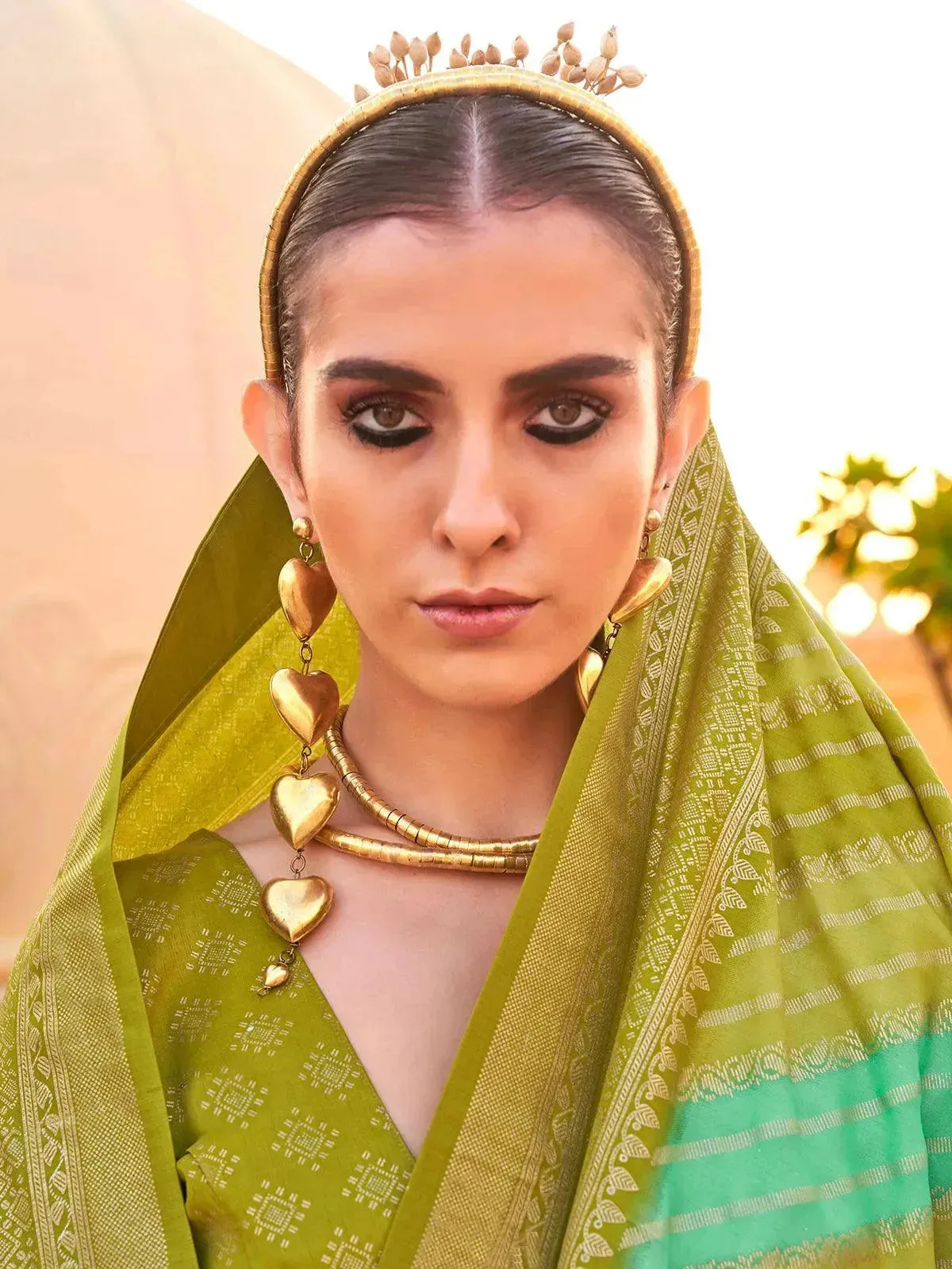 Olive Green Silk Foil Print Saree with Aqua Finish For Any Occasion