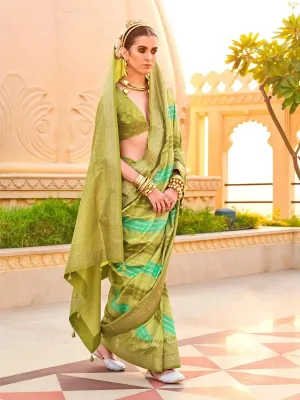 Olive Green Silk Foil Print Saree with Aqua Finish For Any Occasion