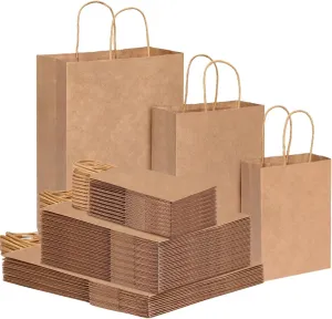 OUTUXED 150pcs Brown Kraft Paper Bags with Handles [3 Sizes 20/70/60] Paper Gift Bags Assorted Sizes for Retail, Merchandise & Party Use