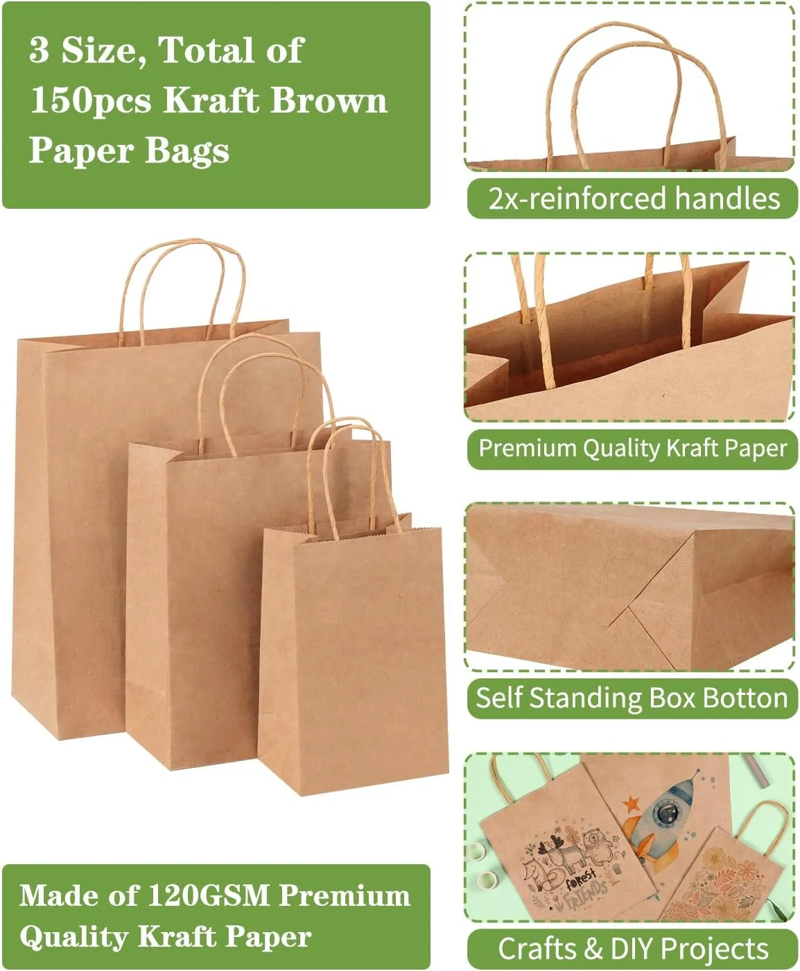 OUTUXED 150pcs Brown Kraft Paper Bags with Handles [3 Sizes 20/70/60] Paper Gift Bags Assorted Sizes for Retail, Merchandise & Party Use