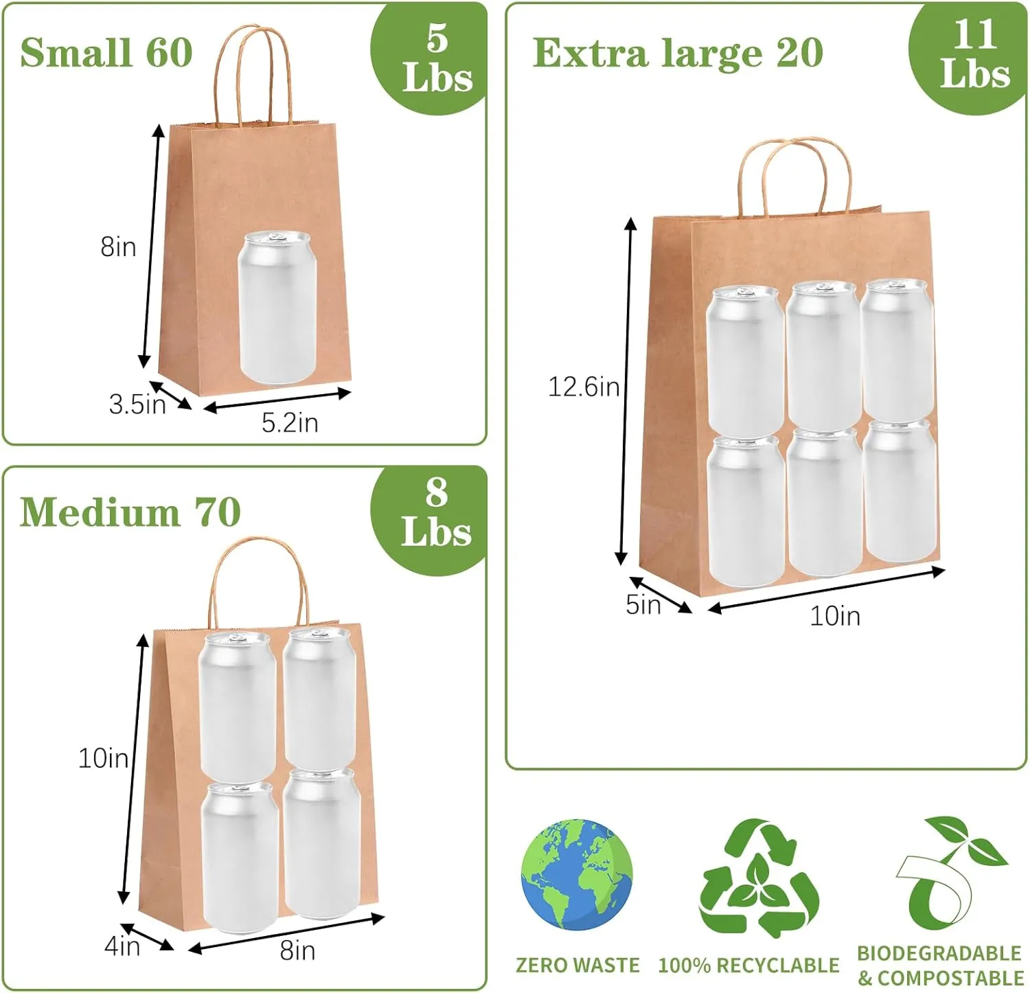 OUTUXED 150pcs Brown Kraft Paper Bags with Handles [3 Sizes 20/70/60] Paper Gift Bags Assorted Sizes for Retail, Merchandise & Party Use
