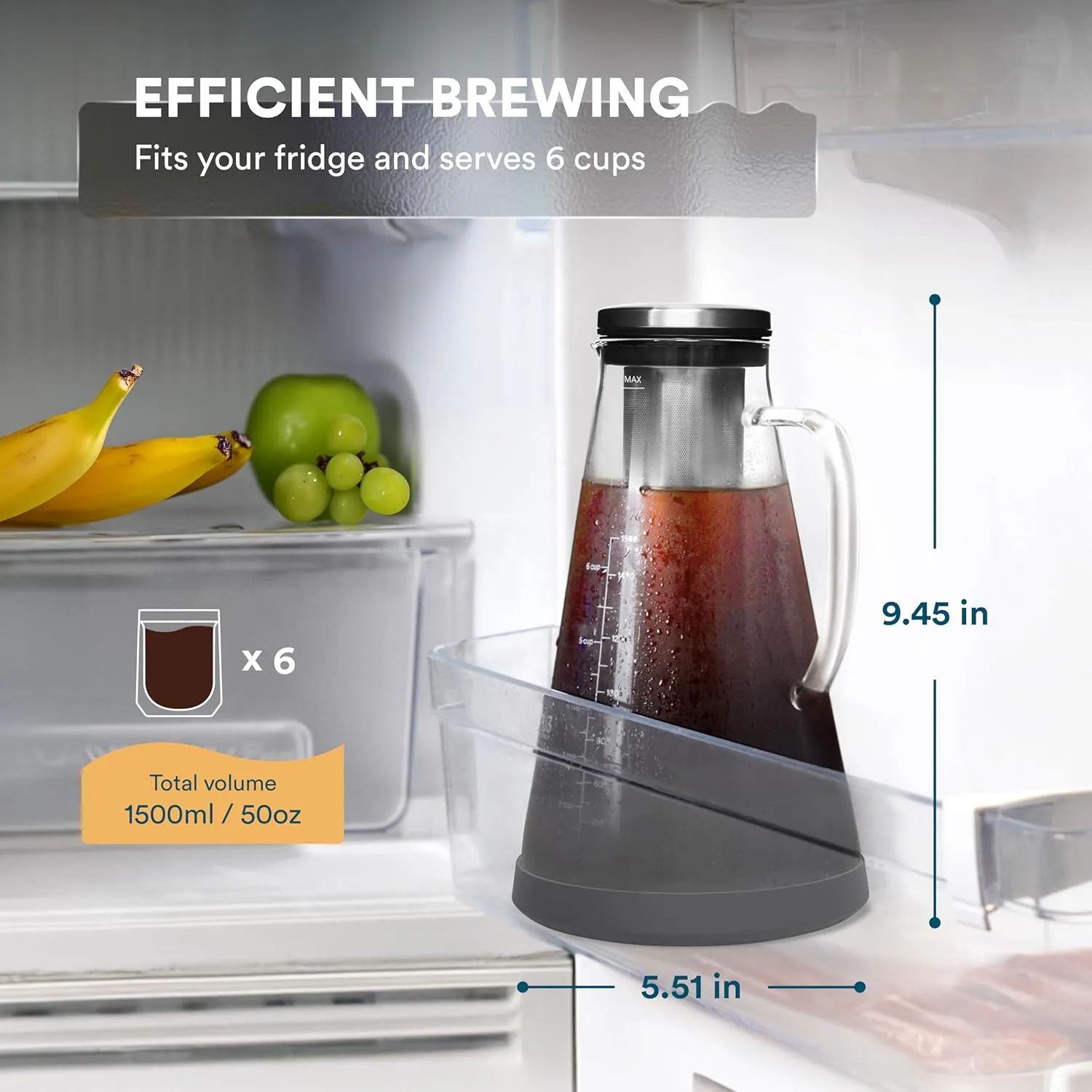 OVALWARE Airtight Cold Brew Iced Coffee Maker Pitcher (& Iced Tea Maker) with Spout – 1.5L/ 51oz Brewing Glass Carafe with Removable Stainless Steel Filter