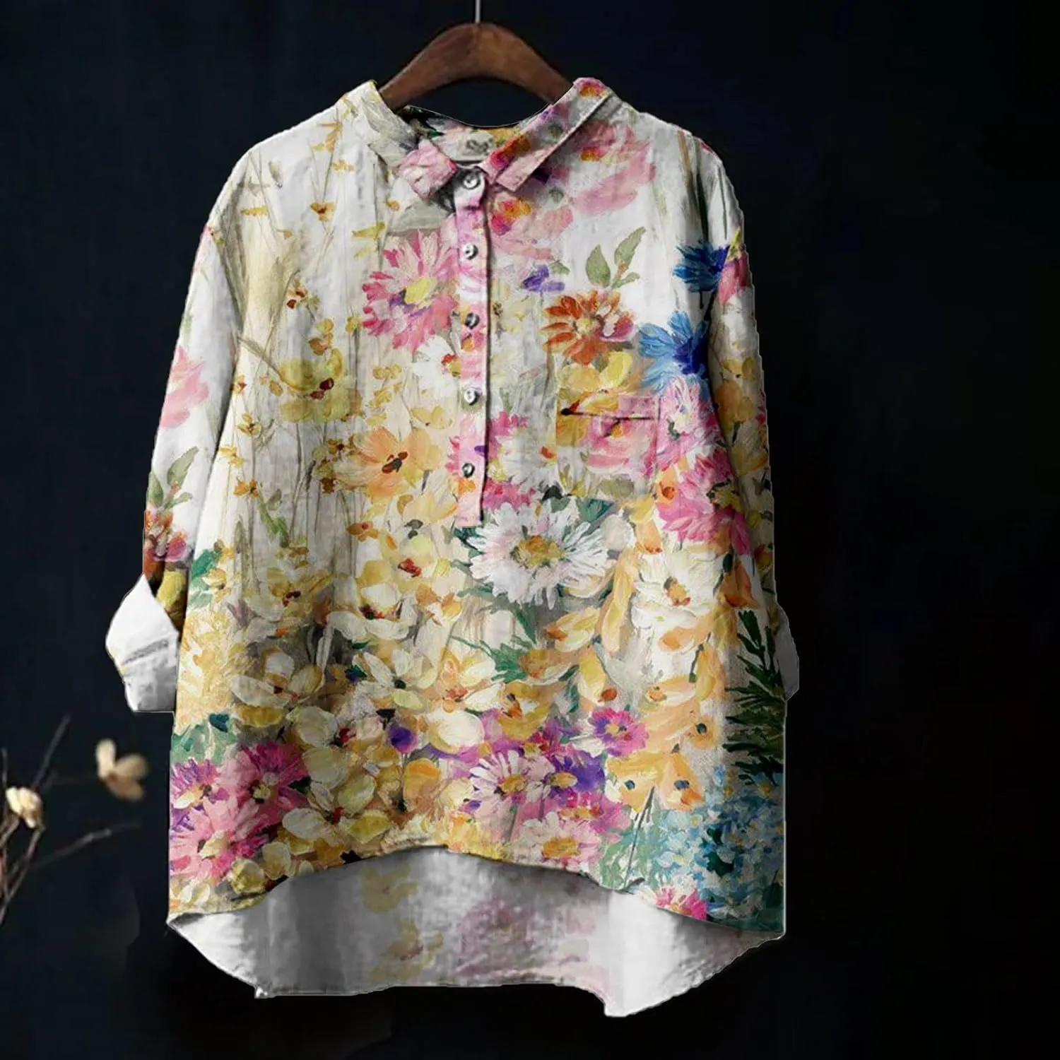 Oversized Crew Neck Linen Shrits for Women Loose Fit Tee Tops Lapel Neck Button Blouses Long Linen Button Down Clothes