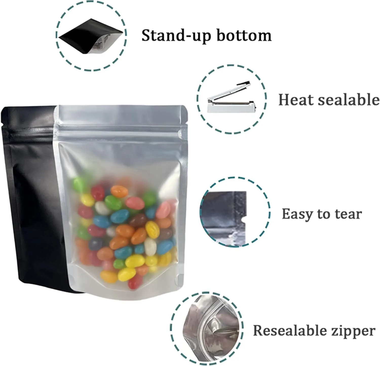 PABCK Black Mylar Resealable Bag Self Seal Foil Bags for Food Storage Candy Coffee Packaging Stand Up Plastic Heat Sealable Aluminum Pouch with Window (50, 5x8.1 inch)