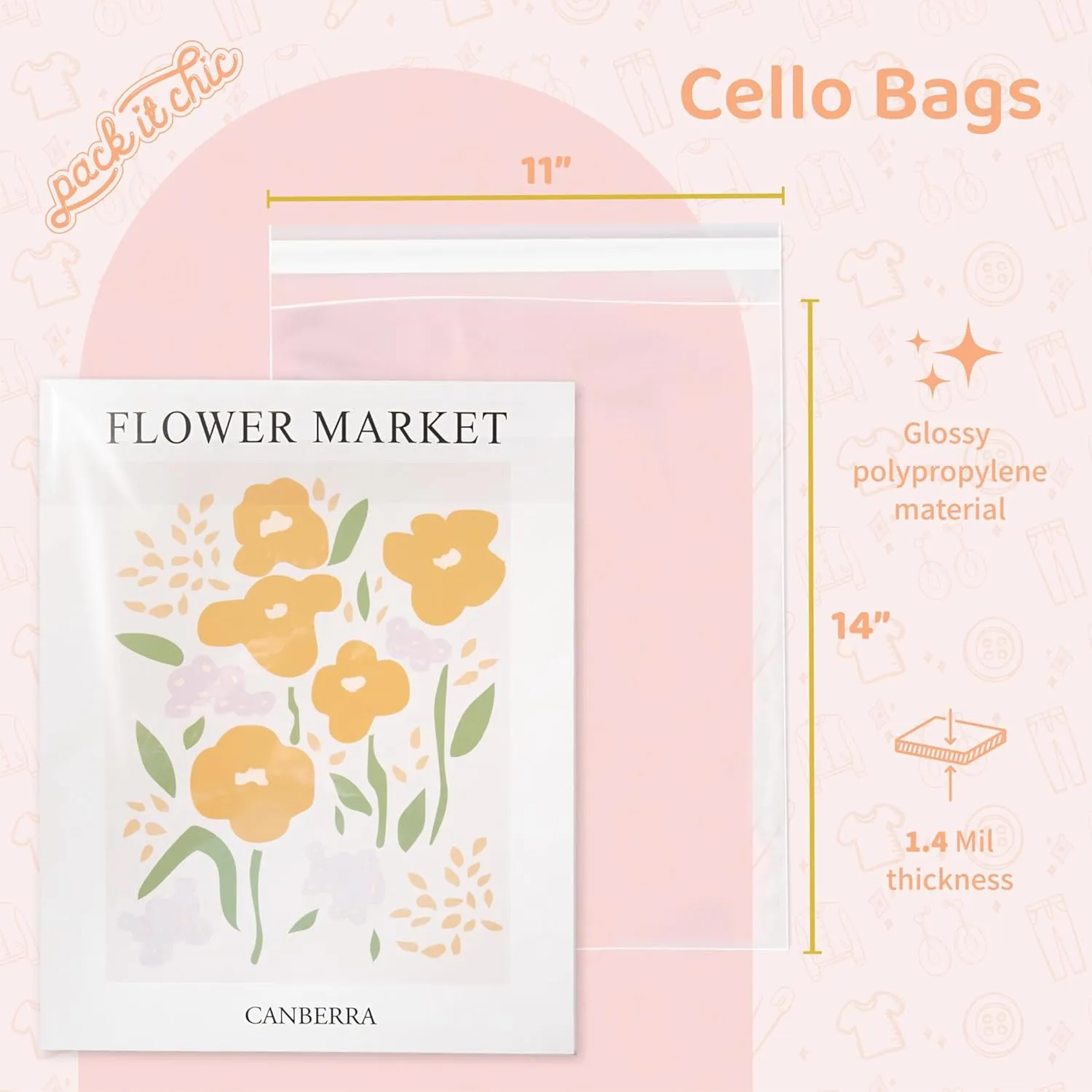 Pack It Chic - 11” X 14” (200 Pack) Clear Resealable Cello Poly Bags - Fits 11X14 Prints, Photos, Documents - Self Seal