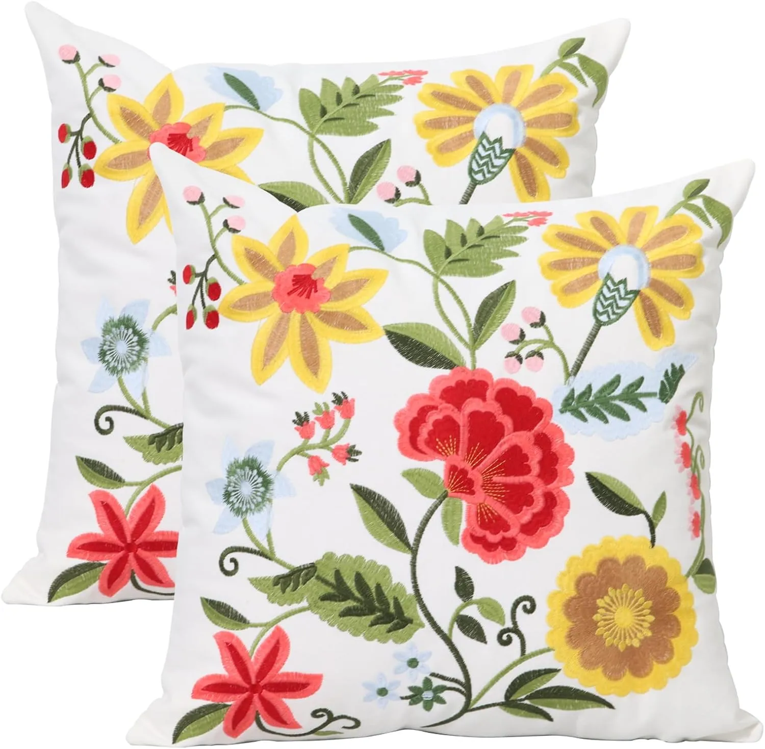 Pack of 2 Embroidered Decorative Throw Pillow Cover 18x18 Inch Farmhouse Floral Pillowcase for Living Room Sofa Bed (Boho Flower)