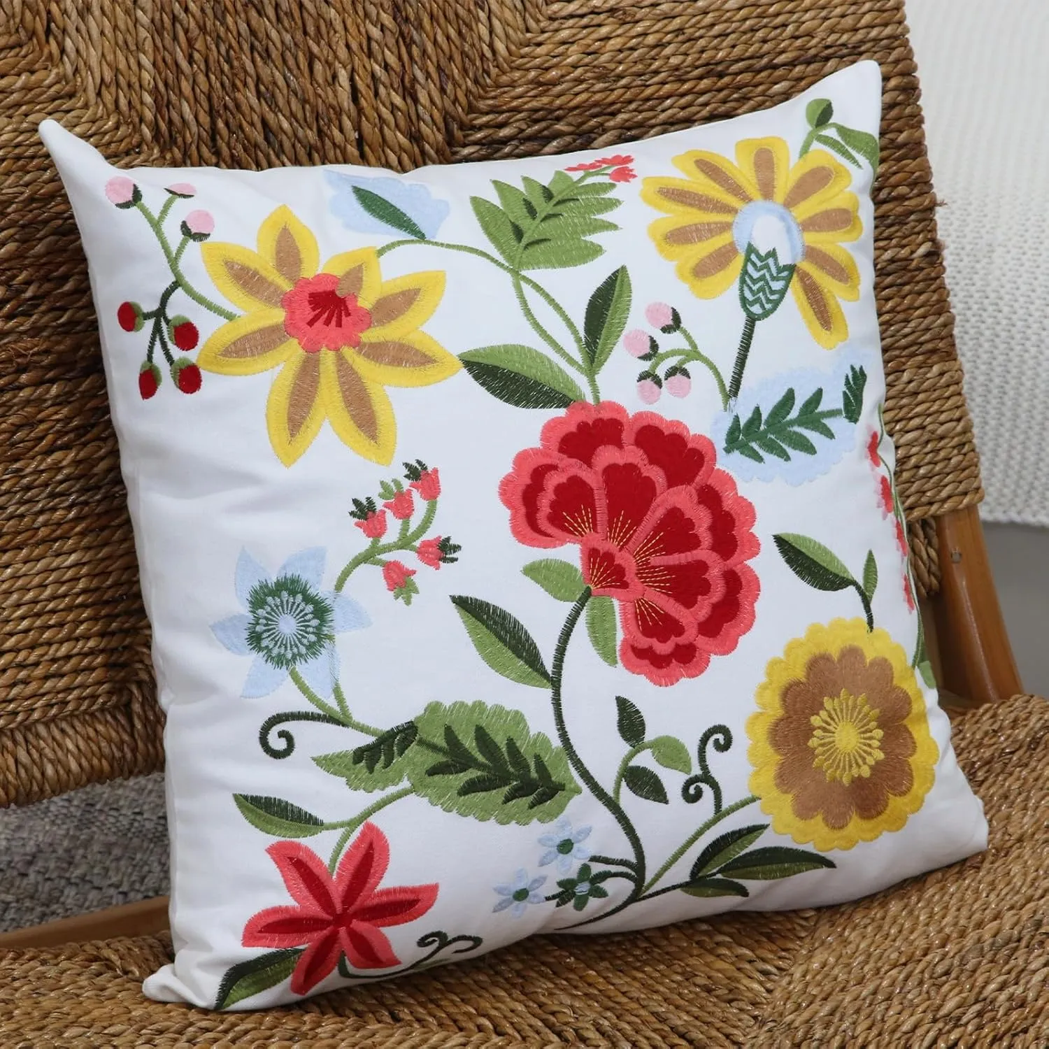Pack of 2 Embroidered Decorative Throw Pillow Cover 18x18 Inch Farmhouse Floral Pillowcase for Living Room Sofa Bed (Boho Flower)