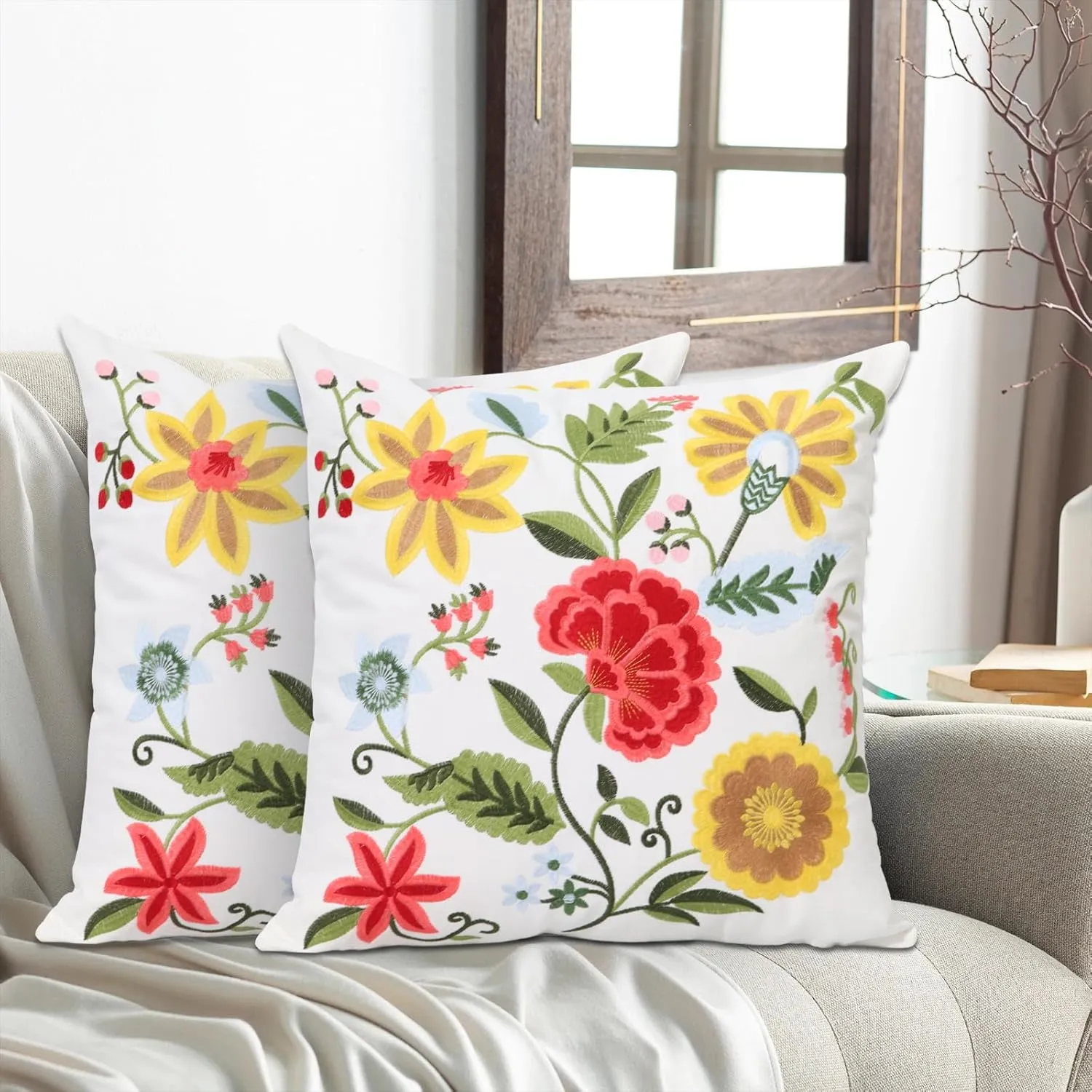 Pack of 2 Embroidered Decorative Throw Pillow Cover 18x18 Inch Farmhouse Floral Pillowcase for Living Room Sofa Bed (Boho Flower)