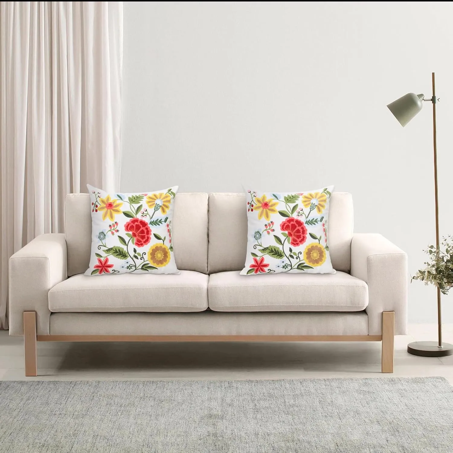 Pack of 2 Embroidered Decorative Throw Pillow Cover 18x18 Inch Farmhouse Floral Pillowcase for Living Room Sofa Bed (Boho Flower)