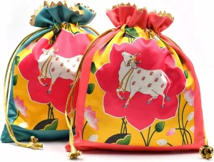 Pack of 20 Assorted Lotus Cow Decorative Printed Silk Potli Traditional Elegance Cow Print Pichwai Potli Batwa Bag with Modern Handle