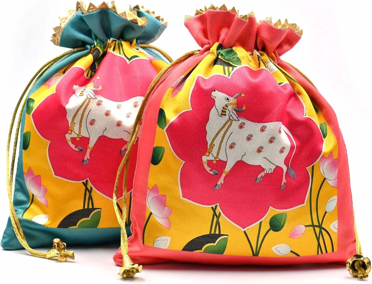 Pack of 20 Assorted Lotus Cow Decorative Printed Silk Potli Traditional Elegance Cow Print Pichwai Potli Batwa Bag with Modern Handle